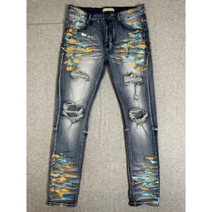KDNK Men'KDNK Jean Mens 33x31 Distressed Ripped Paint Splatter Denim Design Blue